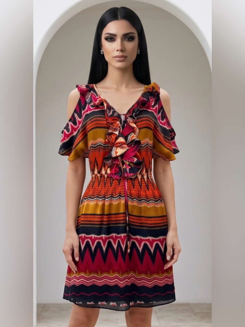 Appen B. Cold Shoulder Ruffle Front Printed Dress Size Small Boho